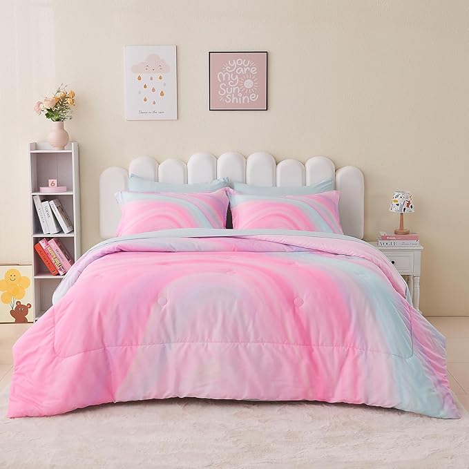 Wajade Girls Pink Comforter Set Bed in A Bag Queen Size 7 Piece 3D Colorful Tie Dye Pink Rainbow Bedding Set for Teens Girls (1 Comforter, 1 Flat Sheet, 1 Fitted Sheet, 2 Pillowcase and 2 Pillow Sham)