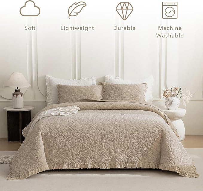 QSH Dark Wheat Stonewashed Cotton Oversized King Quilt Bedspread Set(128"x120"),3PCs Farmhouse Ruffled Bedspread California King,Shabby Soft Lightweight Crinkled Quilt Coverlet Bed with Pillow Shams