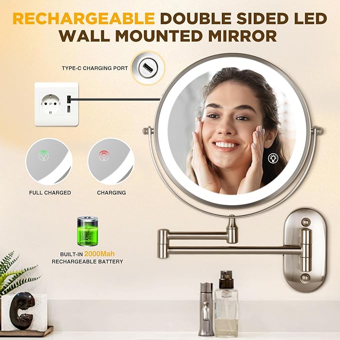 Magnifying Mirror with Lights 1x/15x: 8.5" Double Sided Wall Mounted Lighted Makeup Mirror for Bathroom, 3 Color Lights & 360°Swivel Vanity Mirror, Brushed Nickel