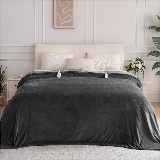 Heated Blanket Queen Size with Dual Control, Electric Blanket Double-Layer Flannel, Heating Blanket with 8 Heating Levels & 10 Hours Auto-Off Machine Washable, ETL Certification (Dark Grey, 84" x 90")