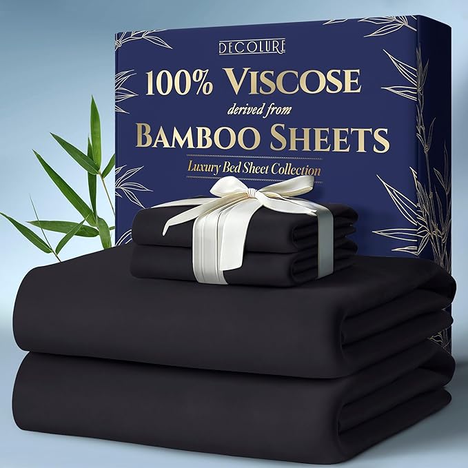DECOLURE 100% Viscose Derived from Bamboo Sheets Full Size 4pcs - Ultra Soft & Luxuriously Cooling, 17" Deep Pocket, Double Stitching, Perfect for Hot Sleepers - Full Bed Sheets (Charcoal)