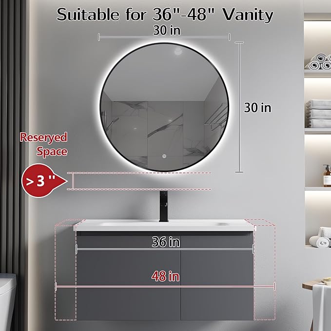 Niccy 30" LED Backlit Round Mirror for Bathroom, Black Framed Vanity Light Wall Mirror LED Smart Circle Mirrors with 3 Lighting Colors, Dimmable Lighted Mirror with Anti-Fog, IP65 Waterproof