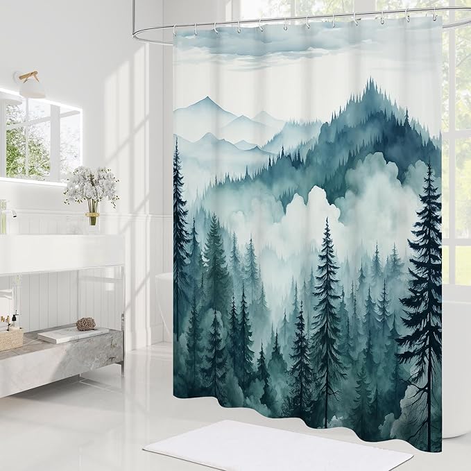 Peacock Blue Misty Pine Forest Shower Curtain, Mountain Foggy Woodland Scenery Tree Shower Curtains for Chic Rustic Bathroom, Abstract Modern Waterproof Nature-Themed Decor, 72x72 Inches