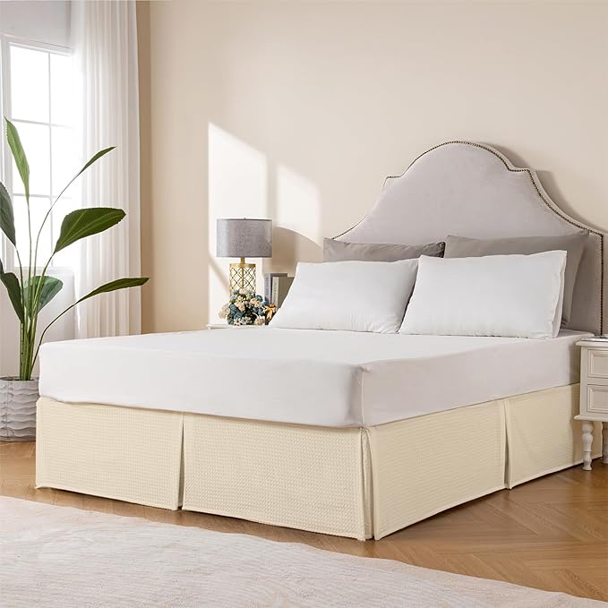 MIYE Pleated Waffle Weave Bed Skirt, Tailored Dust Ruffle 16 Inch Drop Easy Fit, Machine Washable,No Split Corners (Light Beige, Queen - 16" Drop)