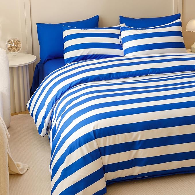 KAREVER Royal Blue White Stripes Comforter Set Full Size Royal Blue White Stripes Bedding Set 3 PCs Comforter Set Full Size Fluffy Linen Comforter Sets