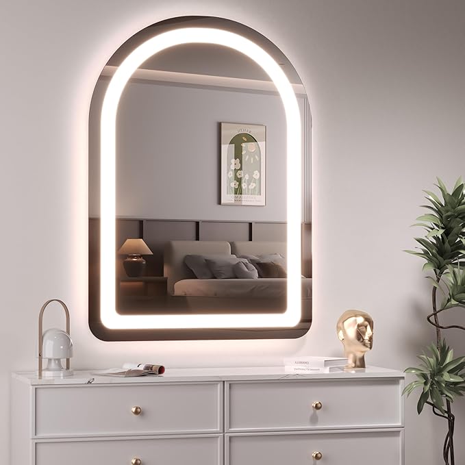 Hasipu 20x28 Inch Bathroom Mirror with Lights Arch LED Vanity Mirror Frontlit Smart Touch Sensor Dimmable 3 Colors Temperature Shatterproof Wall-Mounted Vanity Mirror Metal Frame