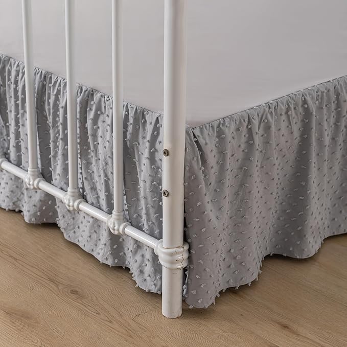 Tufted Dot Bed Skirt Queen Size Ruffled Bed Skirt with Split Corners, 18 Inch Drop Dust Ruffle Bed Skirts with Platform, Light Grey