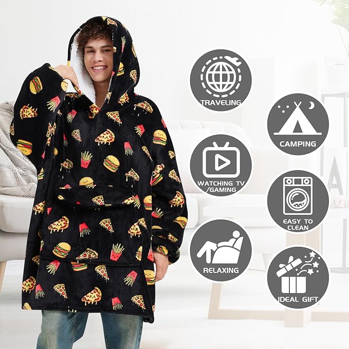 Wearable Blanket Hoodie for Adult,Oversized Sherpa Fleece Blanket Hoodie for Women Men,Hamburger Pizza