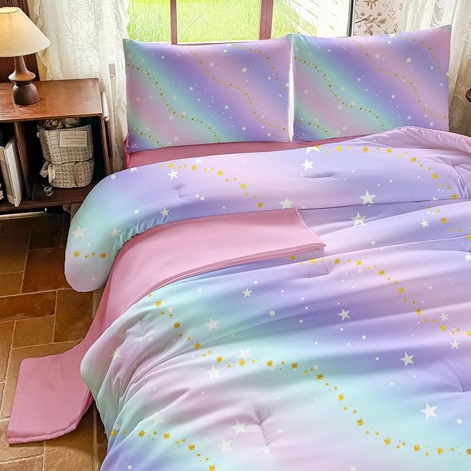 Rainbow Bedding Set Twin Size – 5 Piece Reversible Girls Comforter with Deep-Pocket Sheet, Gradient Galaxy Design, Whole-Piece Filling, Machine Washable Bed-in-a-Bag for Kids Room Makeover & Gifts