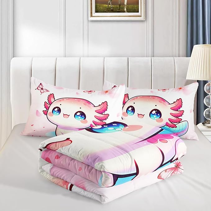 Cartoon Axolotl Comforter Kids Bedding Set,Cute Axolotl Flower Butterfly Bedding Queen Size for Toddler Girls Room Kawaii Decor,Pink Series Kids Comforter Sets with 2 Pillowcases.