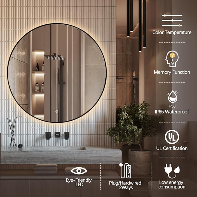 Niccy 48" LED Backlit Round Mirror for Bathroom, Black Framed Vanity Light Wall Mirror LED Smart Circle Mirrors with 3 Lighting Colors, Dimmable Lighted Mirror with Anti-Fog, IP65 Waterproof