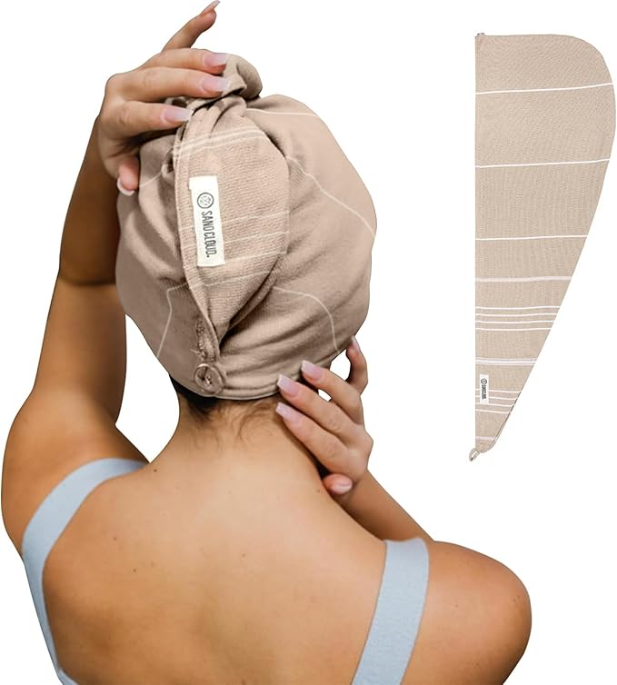 Sand Cloud Hair Towel Wrap for Women & Men, (Sand, Classic) - 100% Turkish Cotton Quick Hair Drying Towel Wrap - Absorbent Half Terry Weave Hair Plop Head Towel Wrap with Binding Edge