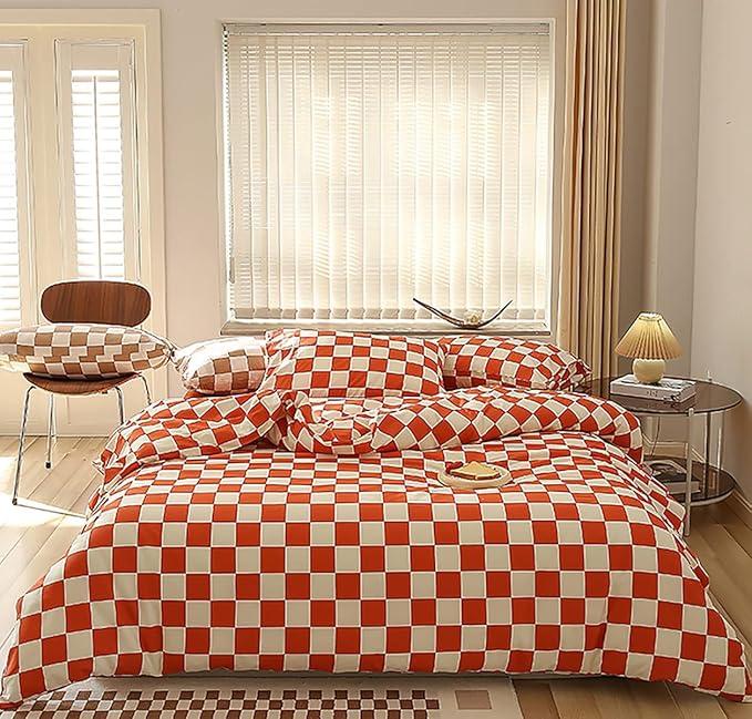 KAREVER Orange White Grid Comforter Set Full Burnt Orange Plaid Bedding Set Girls Reddish White Checkered Bed Blanket Set Kids Breathable Durable Bedding Comforter Set