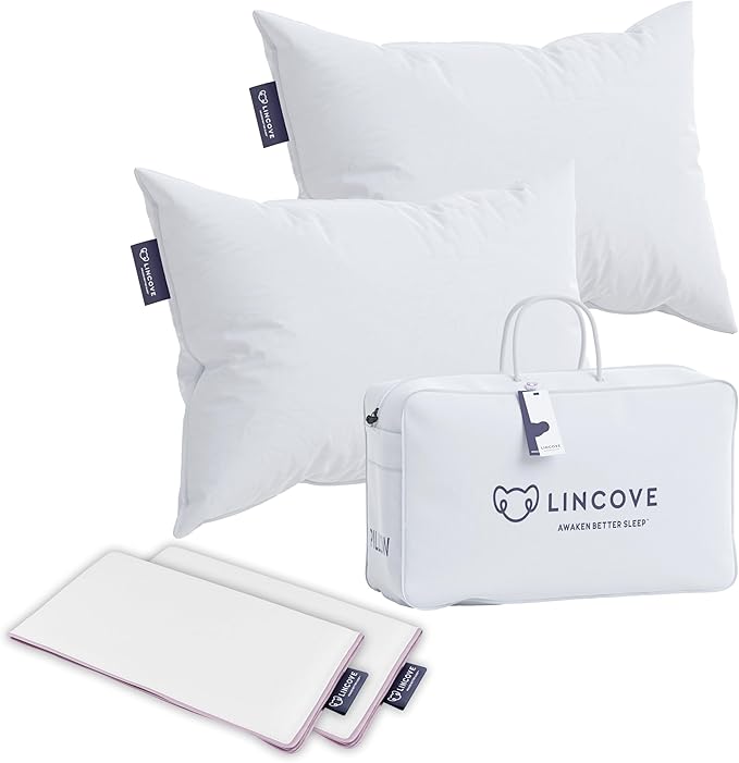 Lincove Recreation Sleeping Pillow, Filled with Premium Down, 600 Fill Power – Includes A Pillow Protector, 400 Thread Count Pillow Shell, Standard - Soft, 2 Pack