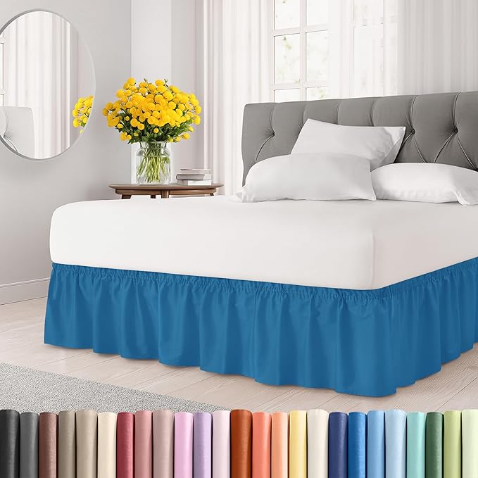 Wrap Around Dust Ruffle Bed Skirt - Denim Blue - for King Size Beds with 24 Inch Drop - Elastic Strap - Adjustable Pleated Bedskirt with Brushed Fabric and Wrinkle Free - for Women, Men, Kids & Teens
