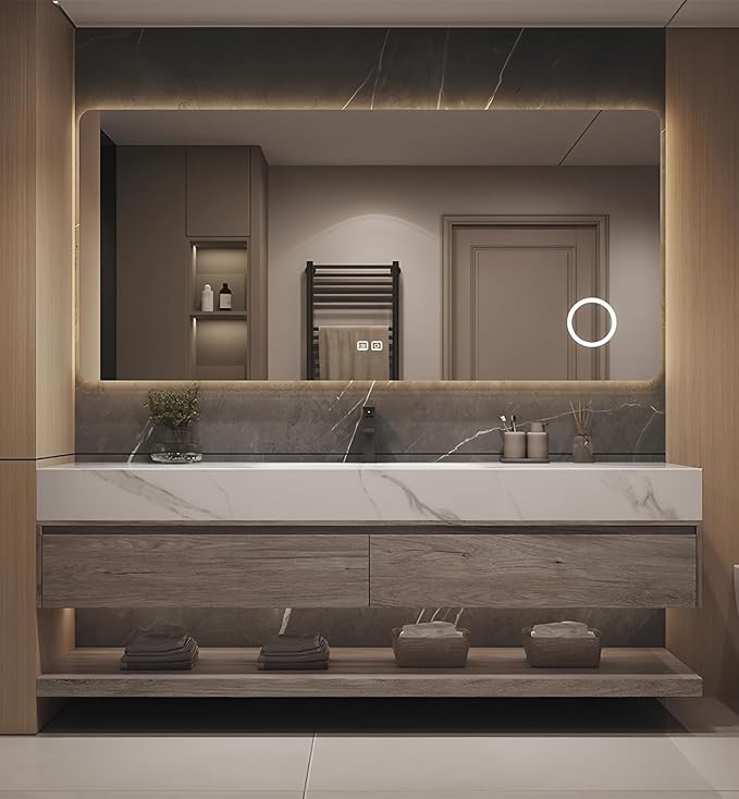 Floating Bathroom Sink Vanity 60Inch, Solid Wood Bathroom Vanities Set Includes Smart Rectangular Mirror, Slate Countertop and Integrated Sink, Modern Bathroom Cabinet with Drawers and Open Storage