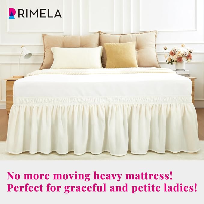RIMELA Ivory White Bed Skirt Queen Size 15 Inch Drop, Elastic Bed Skirting for Bed Base and Frame, Bedding Dust Ruffle Easy to Install, Lightweight Wrap Around Adjustable Bedskirt