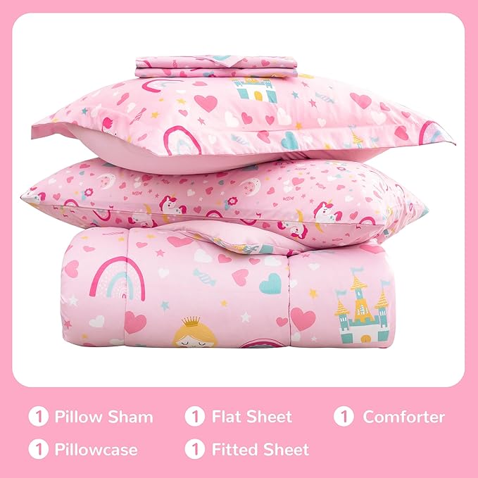 Viviland Kids Twin Bedding Sets for Girls, Soft Twin Comforter Set with Sheets, 5 Pieces Microfiber Bed in a Bag, Pink Castle Unicorn