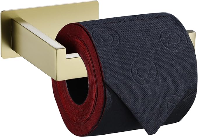 LANC Self-Adhesive Toilet Tissue Roll Holder, Brushed Gold Paper Holder Wall Mounted for Bathroom RV Stick On Toilet Tissue Holder with Drill Free Rustproof Stainless Steel, A8307BG