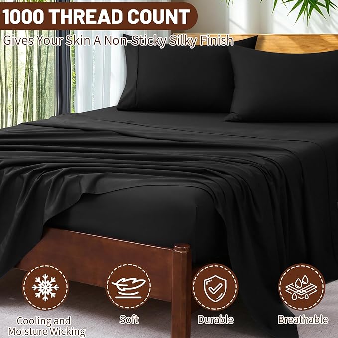 Extra Deep Pocket California King Sheets 18-24 Inch 1000 Thread Count 100% Egyptian Cotton Sateen Weave Soft Breathable 4 Pieces（California King,Black）