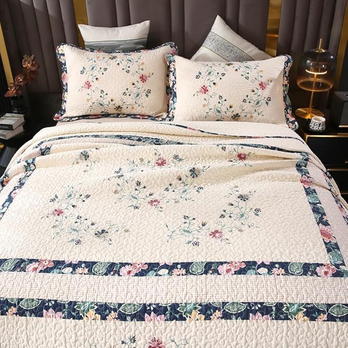 Quilt Set Floral Leaves 3D Embroidery Pattern 2 PCS Cotton Reversible Quilted Embroidered Decorative Bedspreads Coverlet Set, Lightweight &Soft Queen Size Beige Bedding Coverlet for All Season