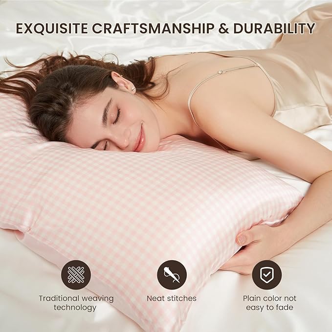THXSILK Pink Plaid Style 6A+ Grade Mulberry Silk Pillowcase for Hair and Skin, 22 Momme Silk Pillow Case with Hidden Zipper, Organic Silk Pillowcase Queen Size 20x30 inches, 1PC, Pink Plaid