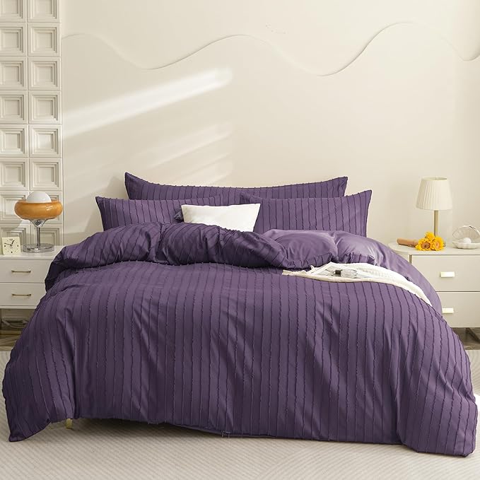 JELLYMONI Duvet Cover Queen Size Purple - 3PCS Boho Striped Duvet Cover Set Polyester Tufted Bohemian Textured Comforter Cover 90×90in with Corner Ties & Zipper and 2 Pillowcases