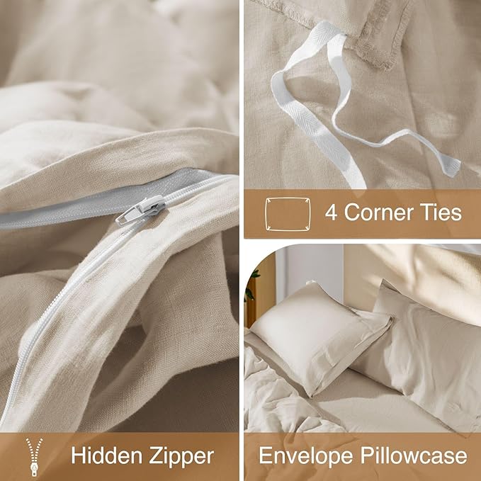 SONORO KATE 100% French Linen Duvet Cover King Size, Soft Breathable for Hot Sleepers, Moisture Wicking & Durable Cover Set - Zipper Closure & 4 Corner Ties Duvet Covers 3 Piece (Linen,King)