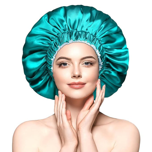 mikimini Satin Bonnet for Sleeping,Pack of 2,Green+Light Blue,Silk Bonnet for Women Long Curly Hair,Reversible Double-Layer Sleeping Hair Bonnet Extra Large Stretchy Sleep Hair Caps