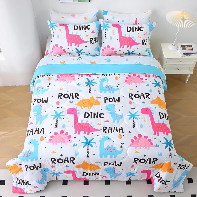 Wajade 7 Piece Kid Girls Dinosaur Comforter Set Twin Size 3D Pink Dinosaur Wild Park Jungle Print Bedding Set with Comforter, Sheet Set, Pillowcase and Sham