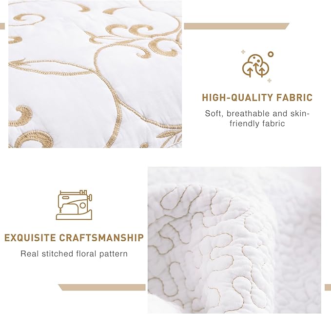 Lady Ann Oversized King 120x120 Quilt Bedspreads,100% Cotton Embroidery Pattern California King Size Quilt Bedding Set Extra Large White with Gold Bedding Coverlet Sets Lightweight All Season 3 Pcs