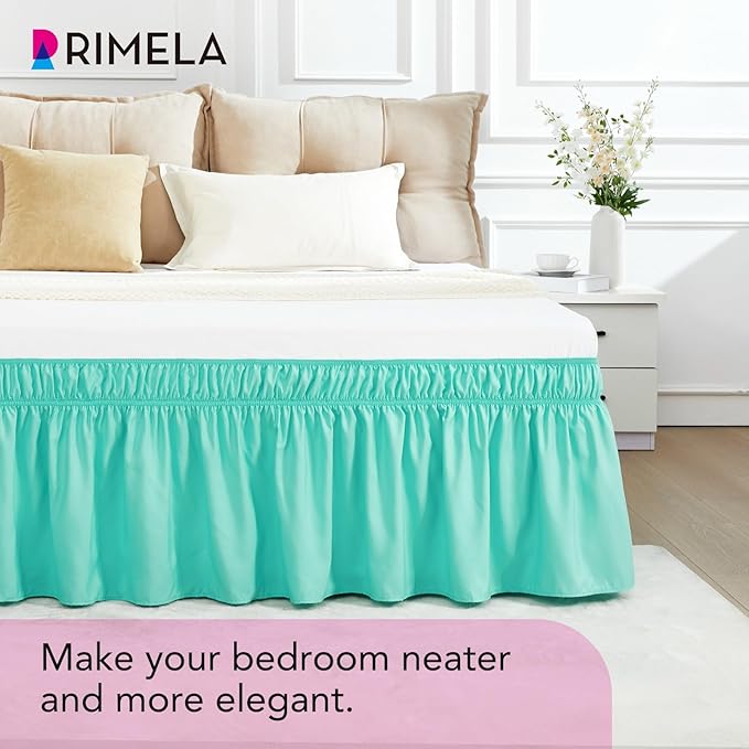 RIMELA Spa Blue Bed Skirt King Size 15 Inch Drop, Elastic Bed Skirting for Bed Base and Frame, Bedding Dust Ruffle Easy to Install, Lightweight Wrap Around Adjustable Bedskirt
