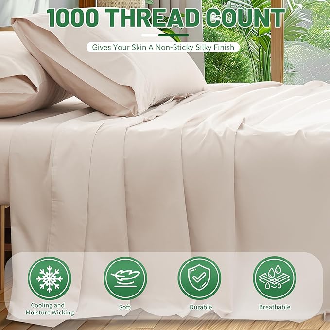 1000 Thread Count Egyptian Cotton Sheets Queen Size Set Sateen Weave Soft Breathable 16-Inch Deep Pocket 4PCS（Queen,Linen）