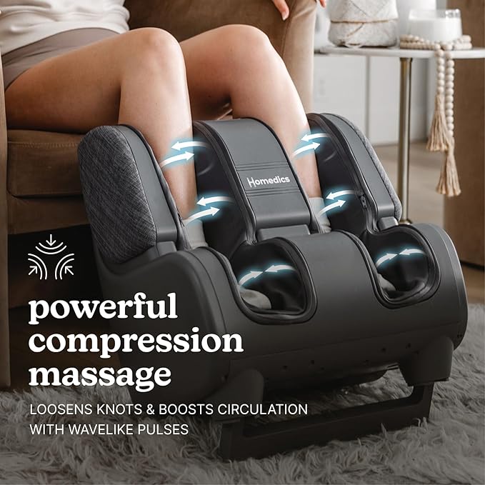 Homedics Deluxe Foot Massager & Calf Massager with Gentle Warmth, Rolling & Compression Massage, Adjustable Tilt, Washable Liners, 4 Programs, 3 Intensity for Muscle Relief and Post-Workout Recovery