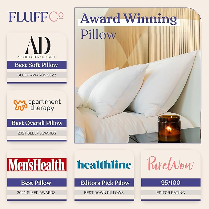FluffCo Zen Fluff™ Down King Pillow with 600 Fill Power White Duck Down Stomach Sleeper Pillows - Luxury Hotel Quality 300 Thread Count - 100% Cotton Feather Pillows (King Size 1 Pack)
