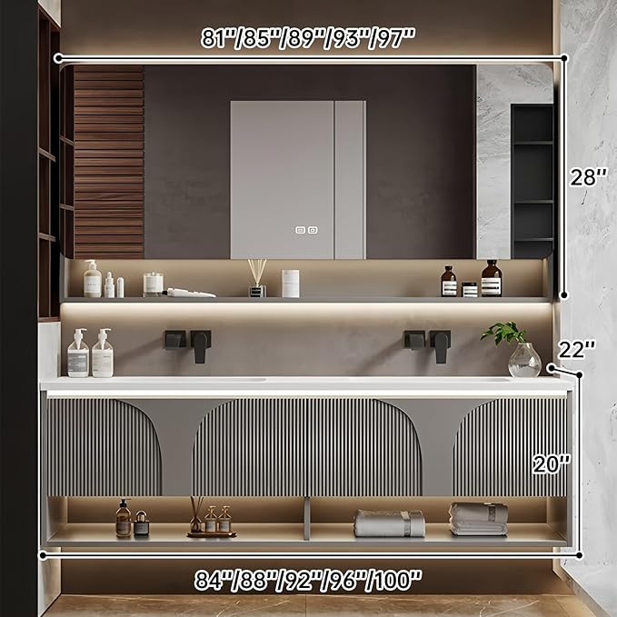 Double Bathroom Vanity with Sink, 96IN Floating Bathroom Vanity Set with Smart Defogging Mirror Cabinet and Open Shelf, Oak Wood Bathroom Cabinet with Two Drawers and Bottom Open Storage (Grey)