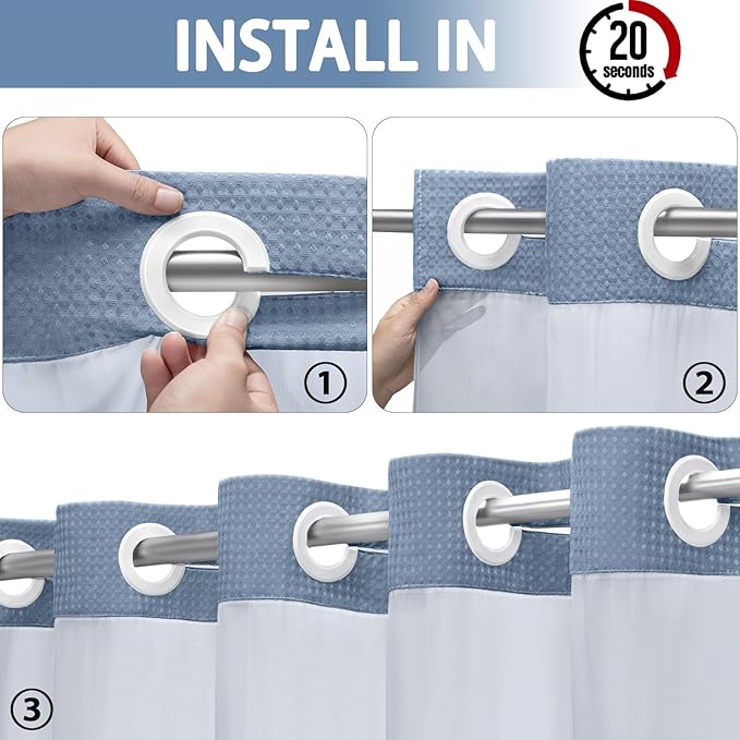 YellyHommy No Hook Shower Curtain with Snap in Liner Set Less Waffle Shower Curtain for Bathroom (Sky Blue, 81" L x 72" W)