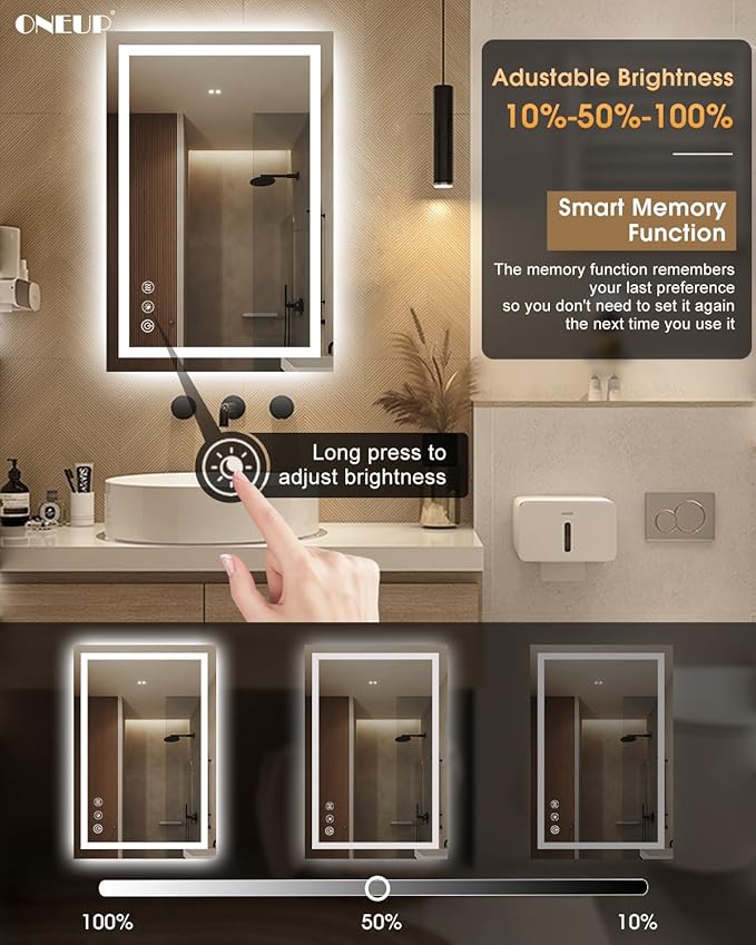 oneup 24x36'' RGB LED Bathroom Mirror with Lights,RGB Color Changing Bathroom Mirror,Lighted Vanity Mirrors for Wall,Dimmable,Anti-Fog,IP54 Waterproof (Horizontal/Vertical)