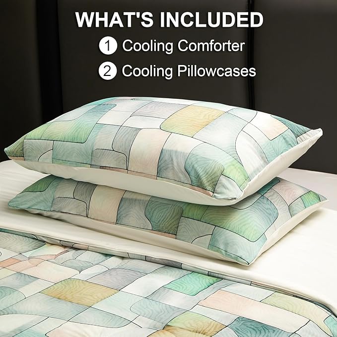 Cyusri Print Cooling Comforter Set 3Pcs Breathable Cool Queen Size Bedding Set with 2 Pillowcases Green Geometric Pattern Silky Cold Quilt, 90"x90"