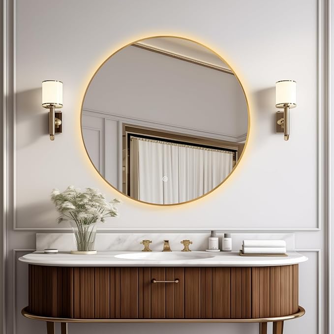 Niccy 36" LED Backlit Round Mirror for Bathroom, Gold Framed Vanity Light Wall Mirror LED Smart Circle Mirrors with 3 Lighting Colors, Dimmable Lighted Mirror with Anti-Fog, IP65 Waterproof