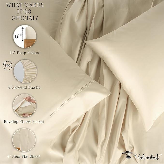 URBANHUT 1000 Thread Count King Sheets Set Egyptian Cotton, Long Staple Soft & Breathable, 4 Pc Bed Sheet Sets, Luxury Hotel Sateen Sheets Fits 16" Deep Pocket - Ivory