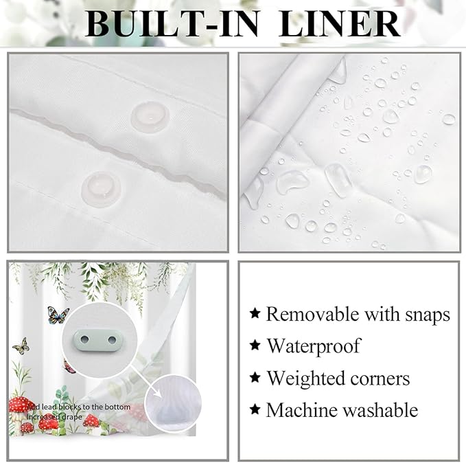 Spring Shower Curtain No Hooks with Snap-in Fabric Liner Set,Green Leaf Mushroom Butterfly Shower Curtain for Bathroom,Hotel Decor Waterproof Shower Curtains,with See Through Top Window,71W x 74H