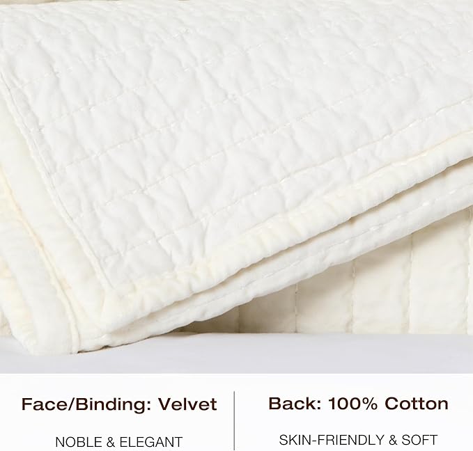 ELEGANT LIFE HOME Velvet Quilt Twin Reversible Royal Cotton Velvet Pic-Stitch Bedding Quilt - Twin - 68'' x 90'', Ivory