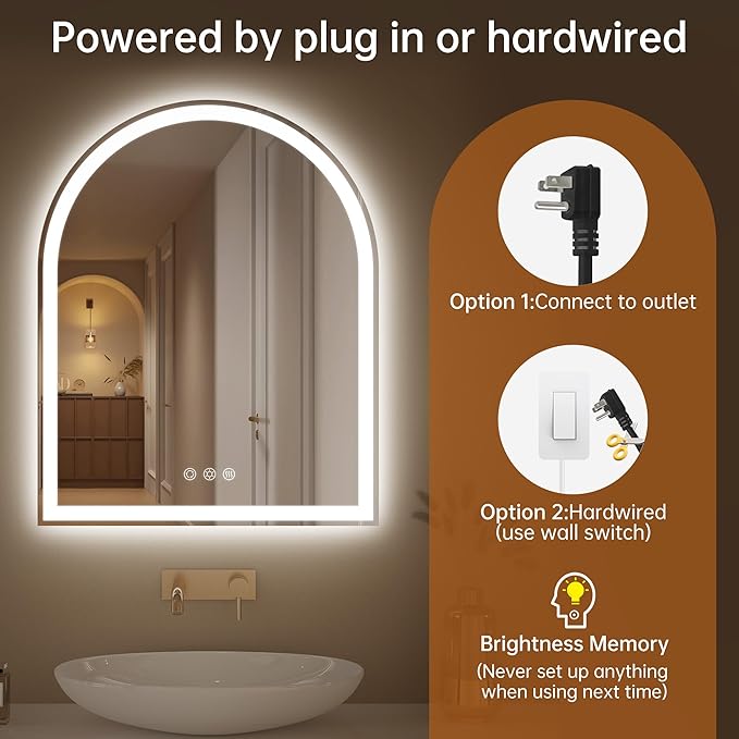 Arched LED Mirror for Bathroom 24"x30"- Frameless Lighted Bathroom Mirror with Lights, Fogless, Dimmable, 3 Color Changing, Shatterproof, Touch Sensor