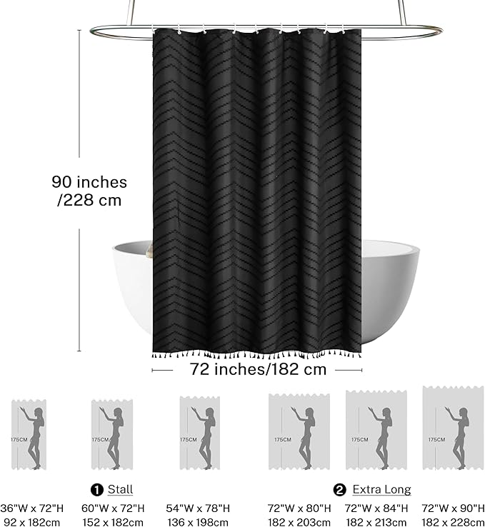 Extra Long Black Boho Shower Curtain with Tassel, Woven Fabric 72 x 90, Tufted Chevron Striped, Modern Chic Textured Minimalist