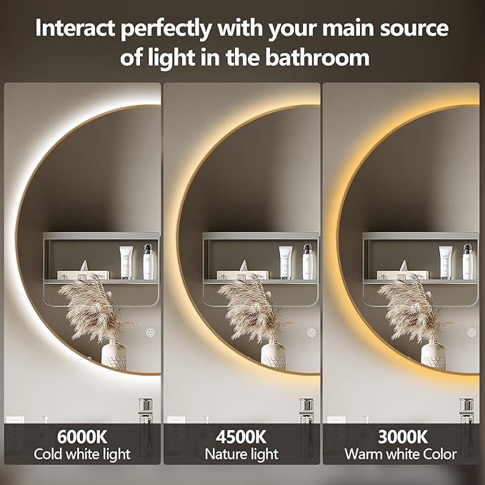 Niccy 44" LED Backlit Round Mirror for Bathroom, Gold Framed Vanity Light Wall Mirror LED Smart Circle Mirrors with 3 Lighting Colors, Dimmable Lighted Mirror with Anti-Fog, IP65 Waterproof