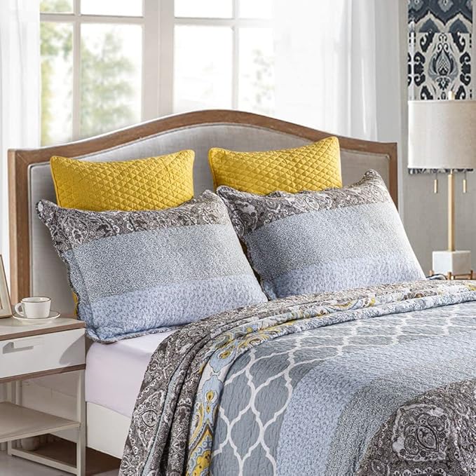 YAYIDAY Quilts Queen Size Patchwork Bedspread Set - 100% Cotton Reversible Breathable Grey Quilted Quilt with Pillow Shams Fit All Seasons