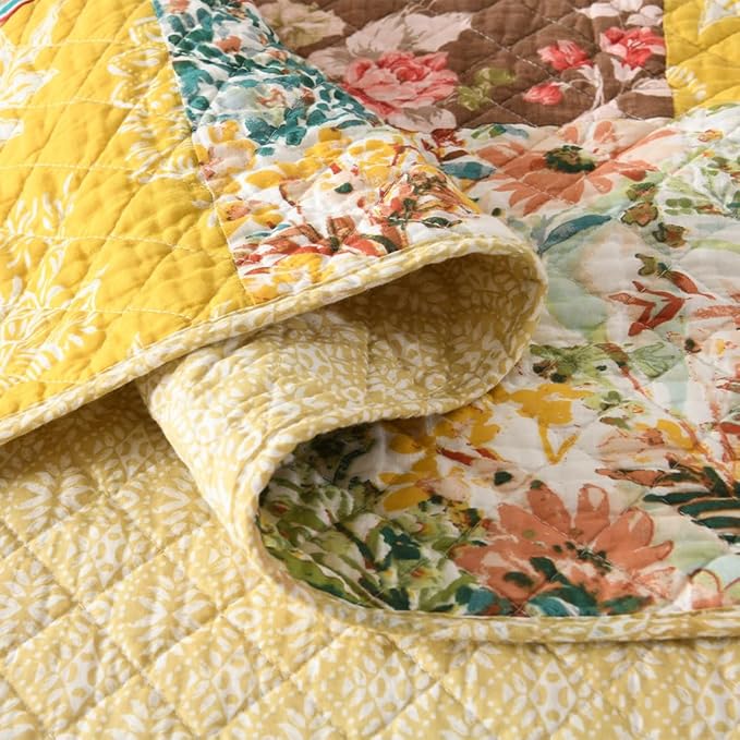 Autumn Dream Cotton Bedspread Quilt Sets Reversible Bedding Coverlet Sets, Luxury Vintage Floral Patchwork Yellow Bedspread,Queen Size