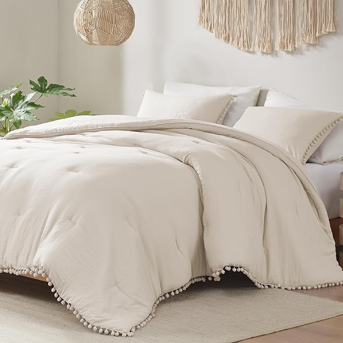 Codi Beige Twin Comforter Set for Girls - Boho Aesthetic Pom Fringe Design Cute Bedding, Soft Washed Microfiber Taupe Bed Sets, Lightweight Chic,1 Comforter & 1 Pillowcase