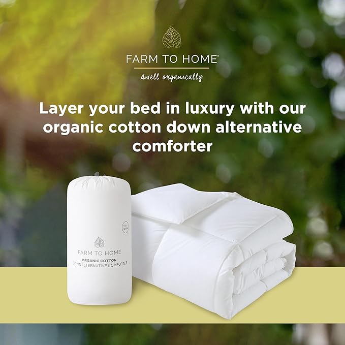 Farm To Home Luxury Comforter Organic Cotton All Season Fluffy Lightweight Down Alternative Machine Washable Comforter for Bedroom, Twin, White